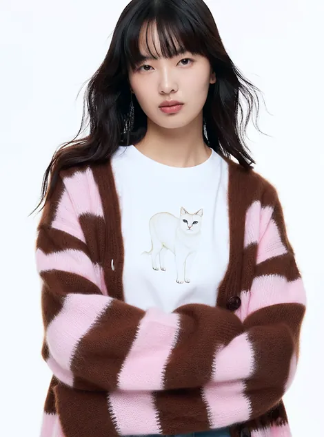 핑크·브라운 스트라이프 니트 카디건