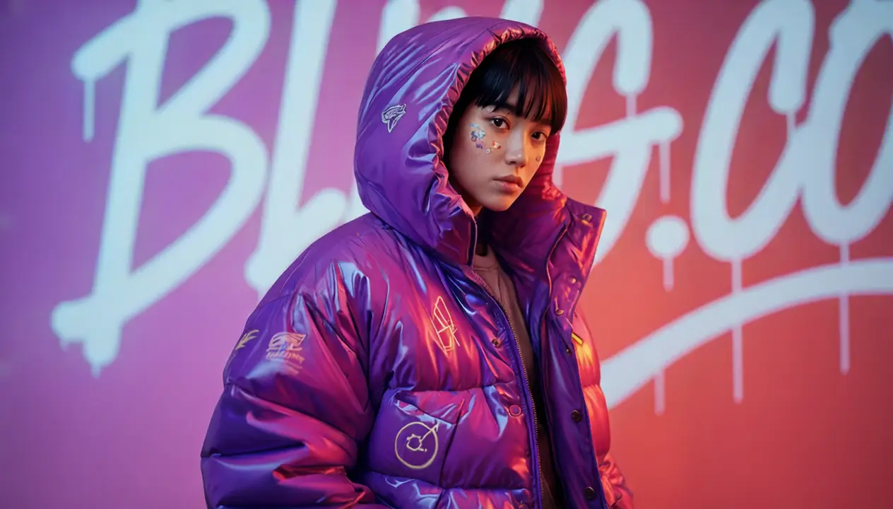 보라색 패딩을 입은 BLING.CO 캠페인 모델